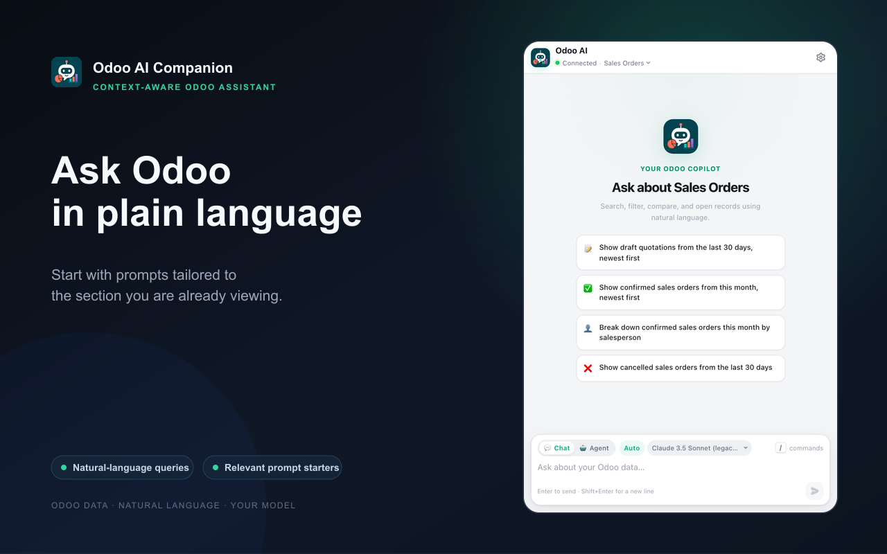 Odoo AI Companion side panel with contextual prompt suggestions