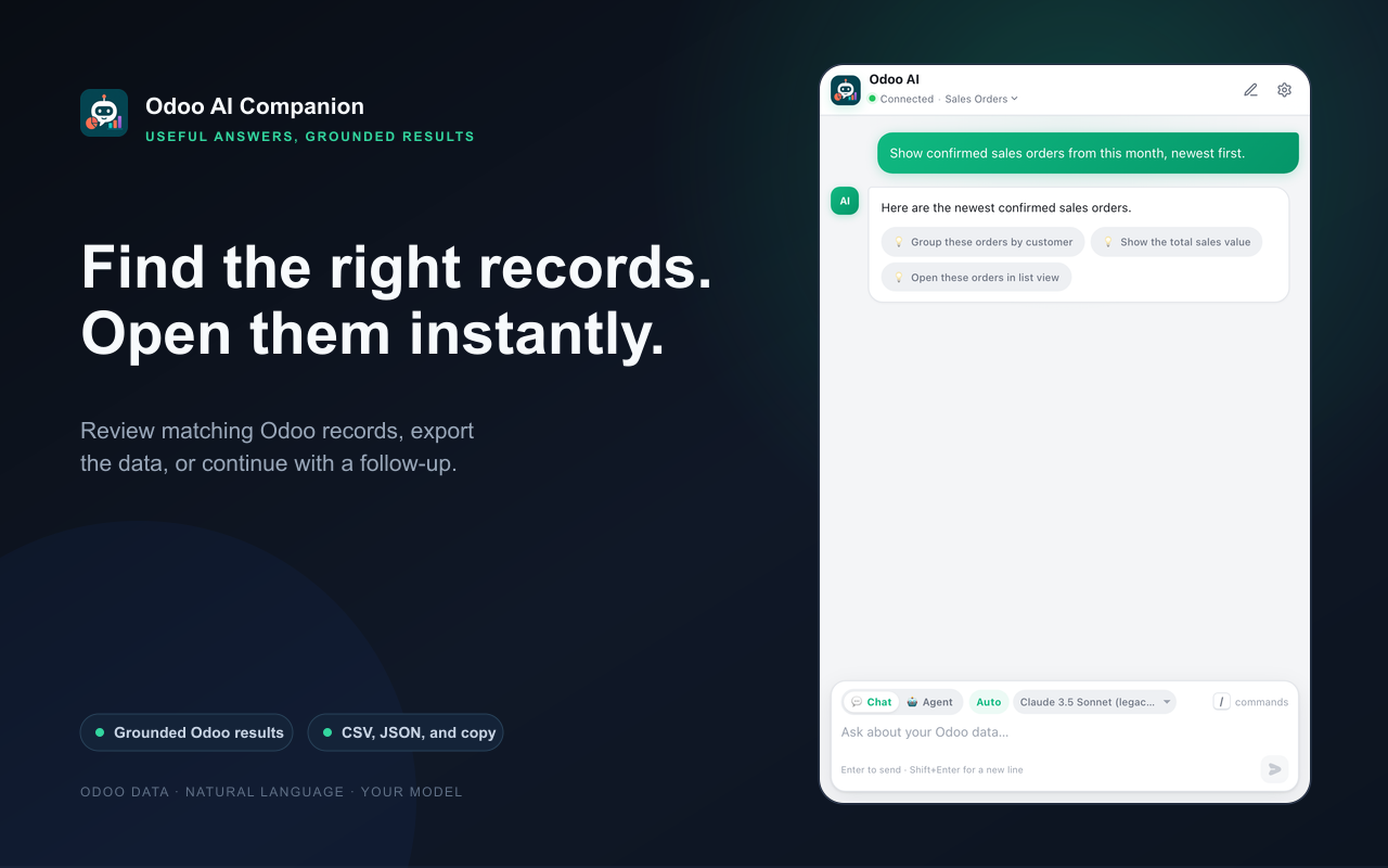 Odoo record results with navigation and export controls
