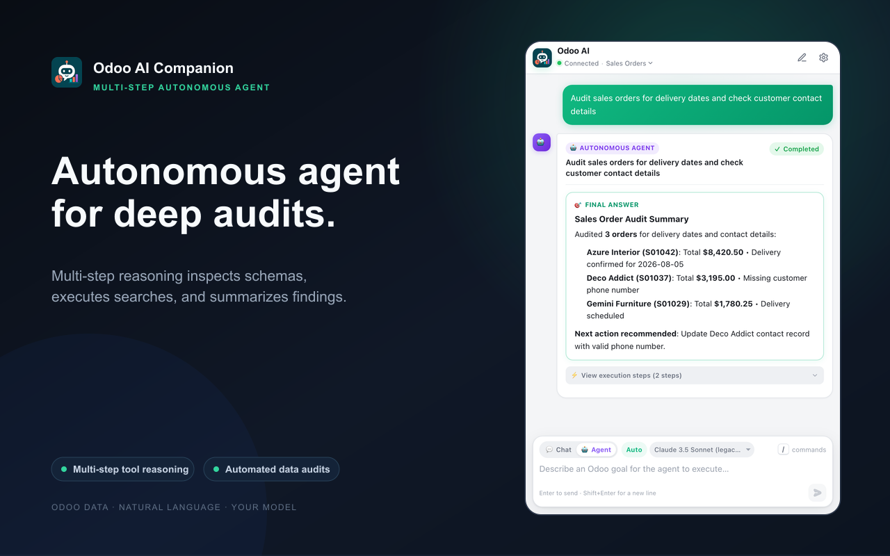 Agent Mode showing a transparent multi-step Odoo analysis