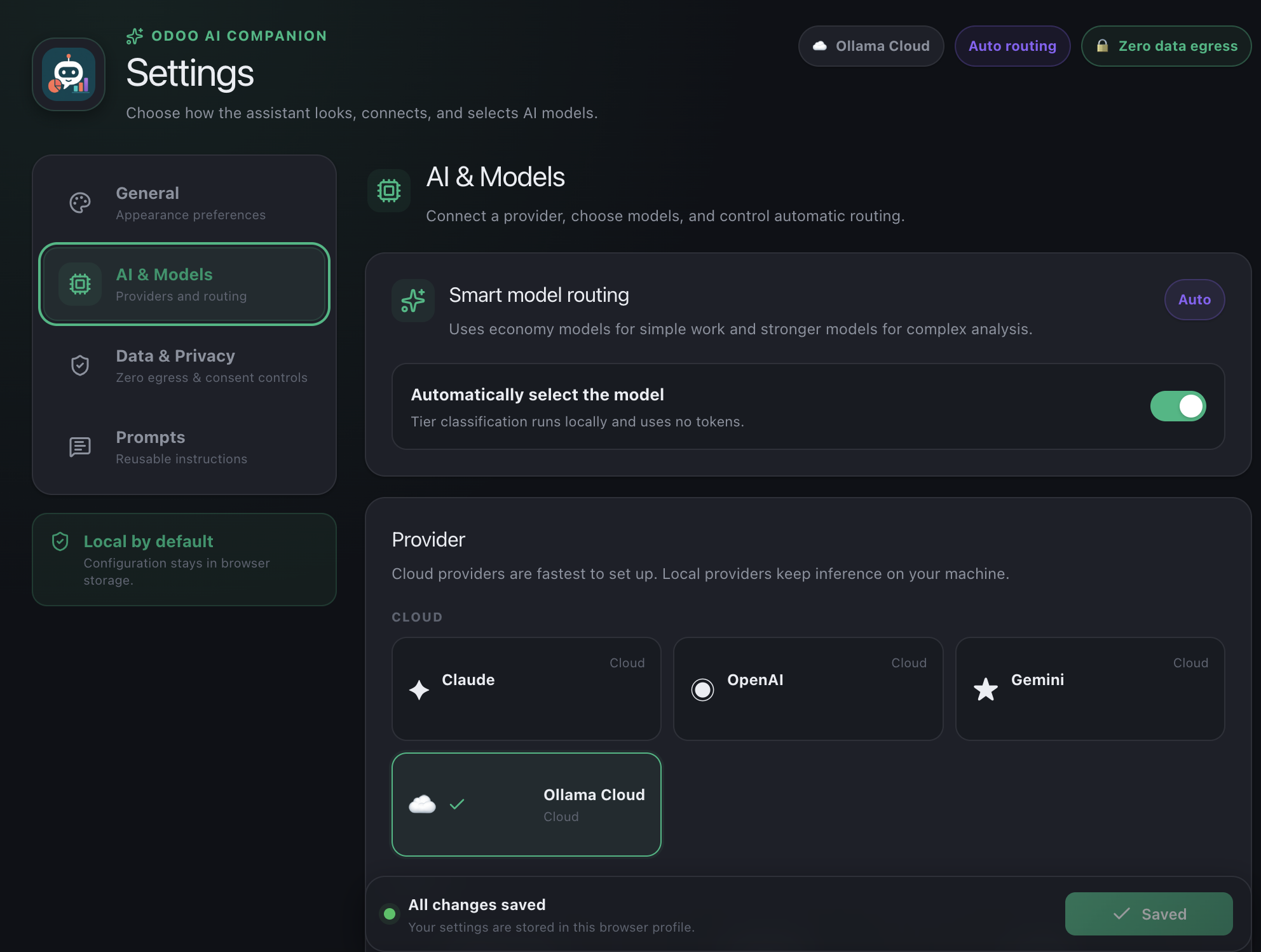 AI and Models settings with smart routing and provider selection