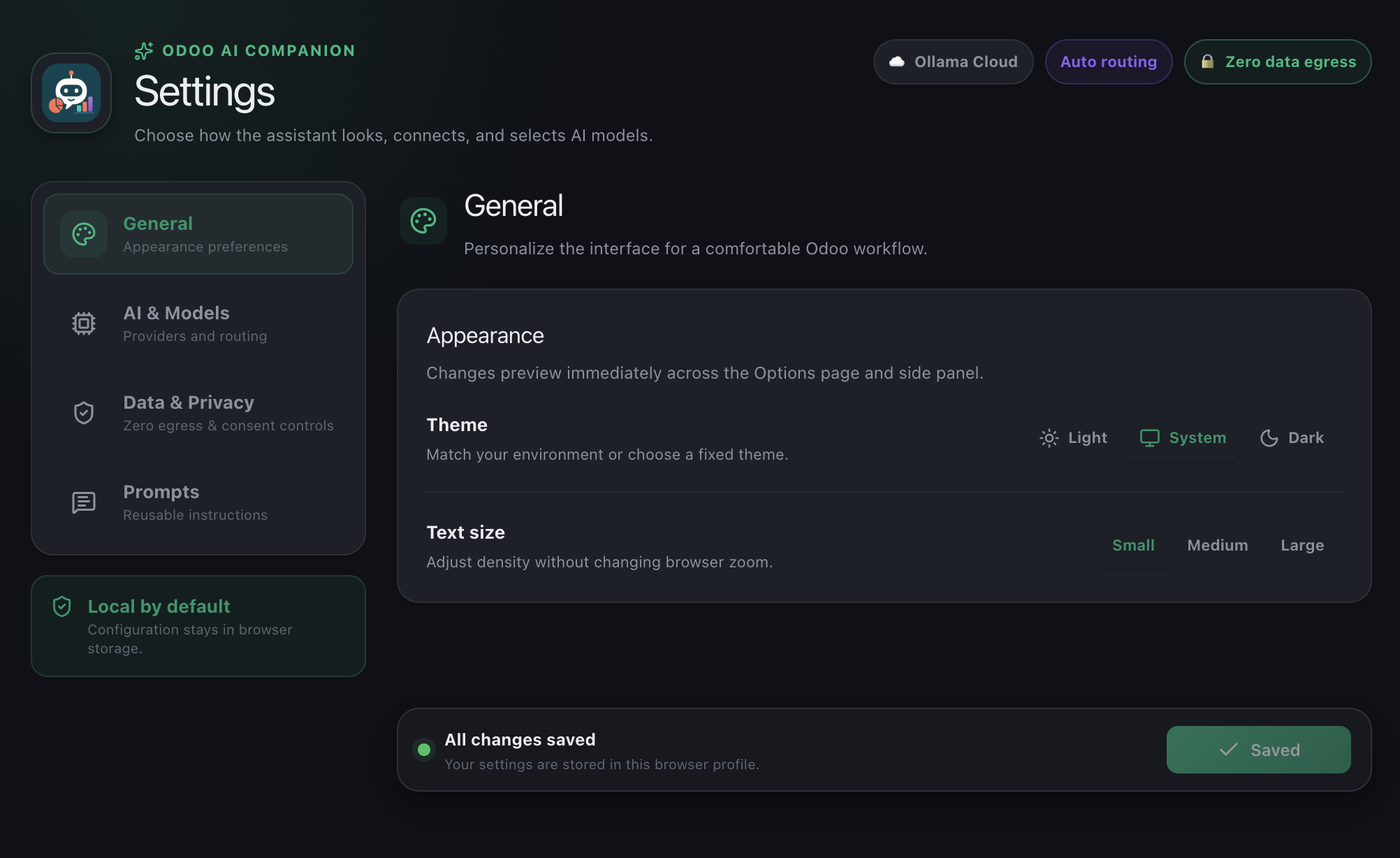 General settings for theme and text size in Odoo AI Companion