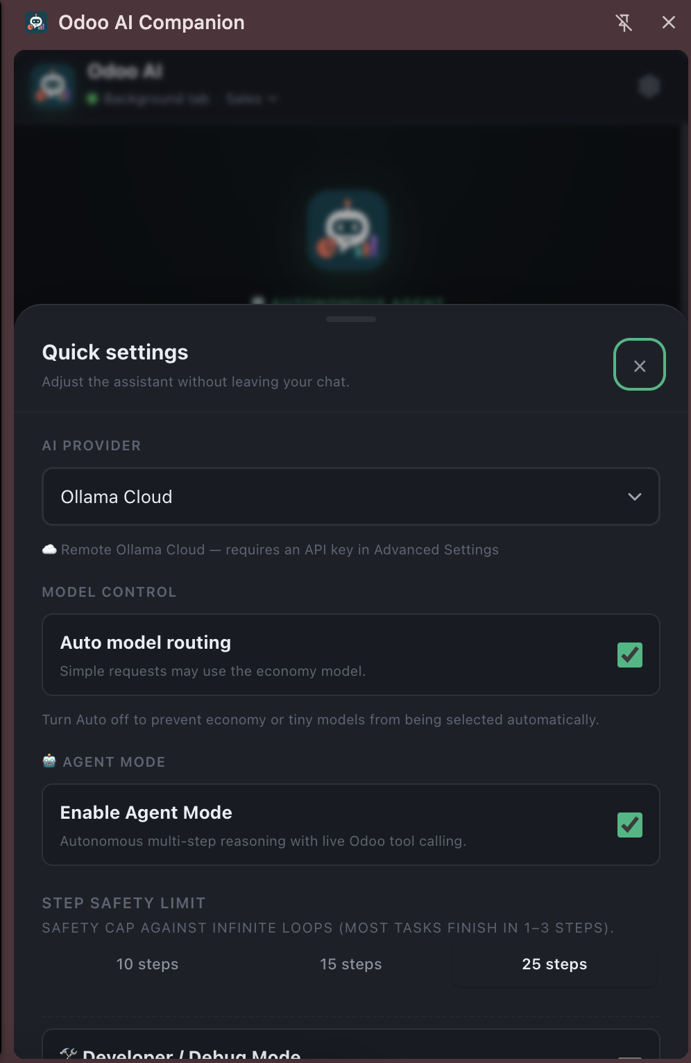 Side-panel Quick Settings with AI provider, model routing, Agent Mode, and step limit controls
